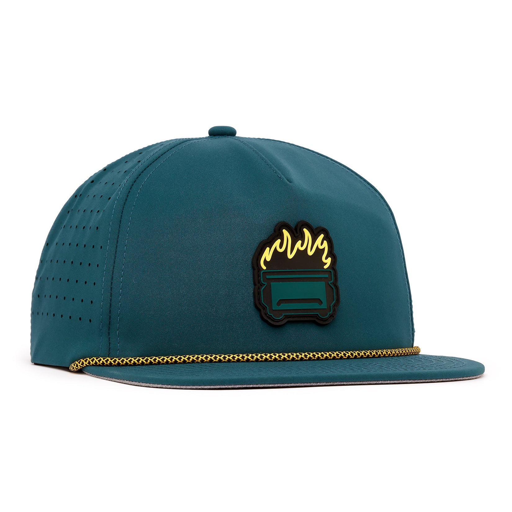 green square with bold white letters that spell Unstructured Flat Bill Hats