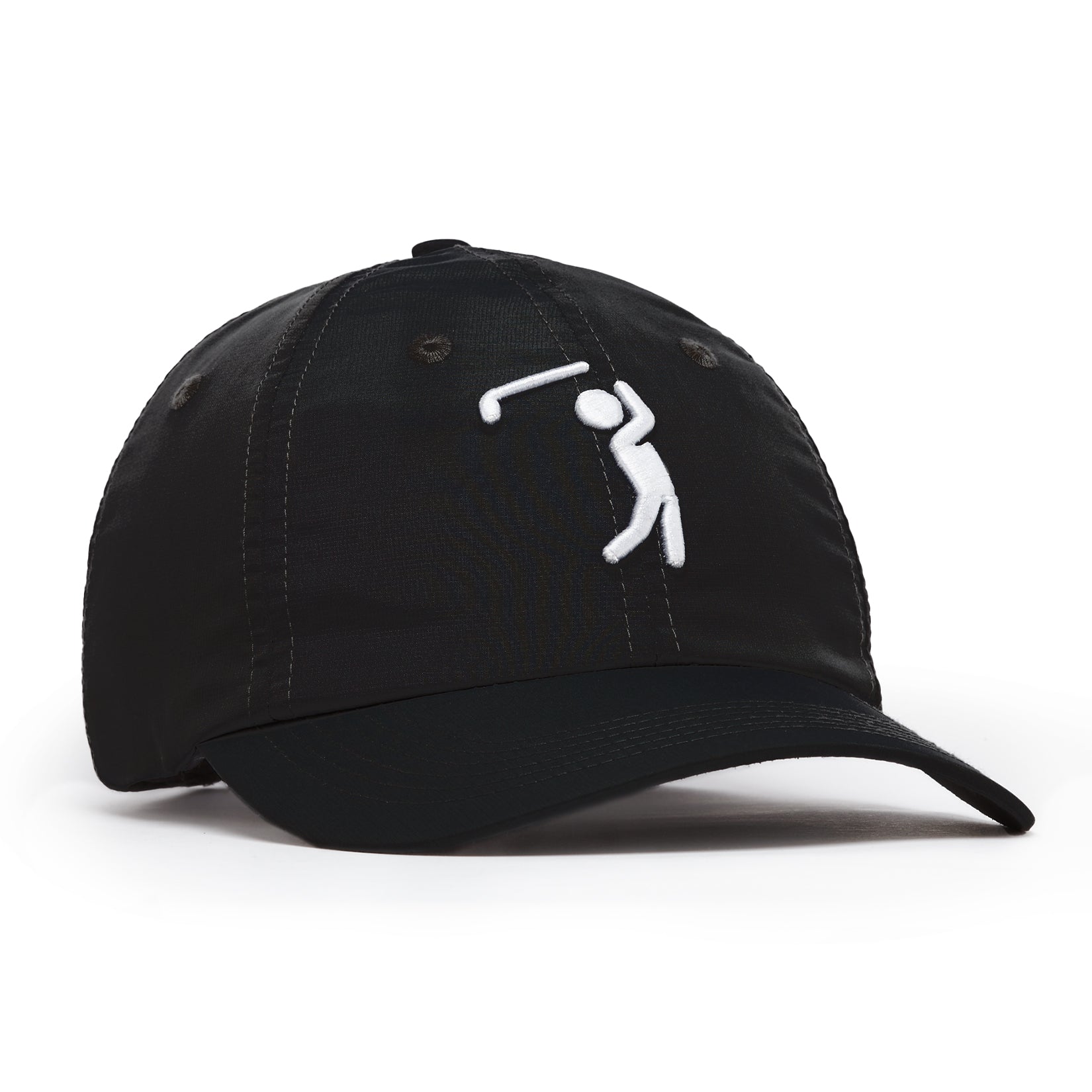 A black baseball cap with a white stick figure swinging a golf club embroidered on the front panel; the cap features visible stitching and a curved brim.