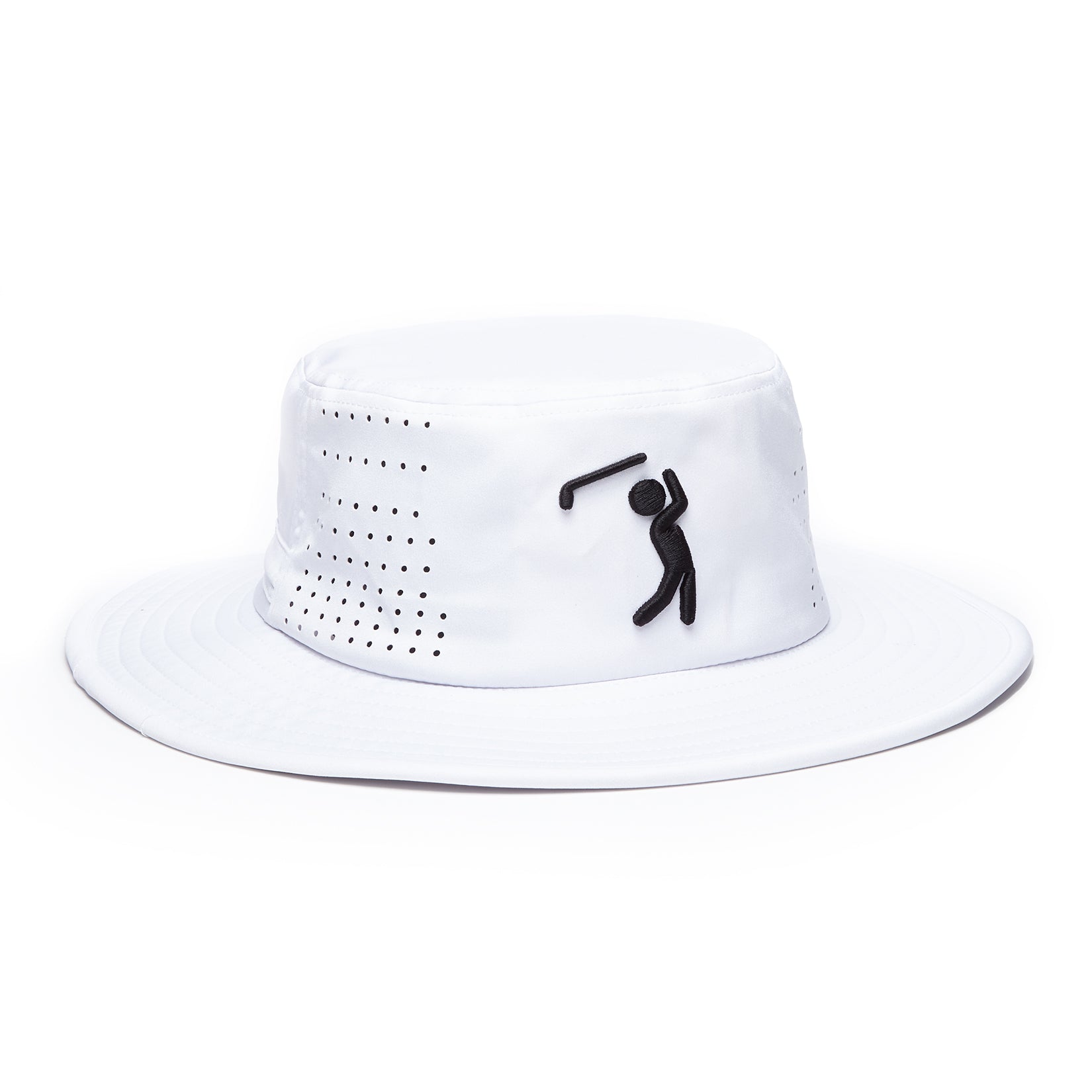 A white bucket hat with small perforated holes on the side and a black embroidered figure swinging a golf club on the front. The hat has a wide brim and a smooth, clean finish.