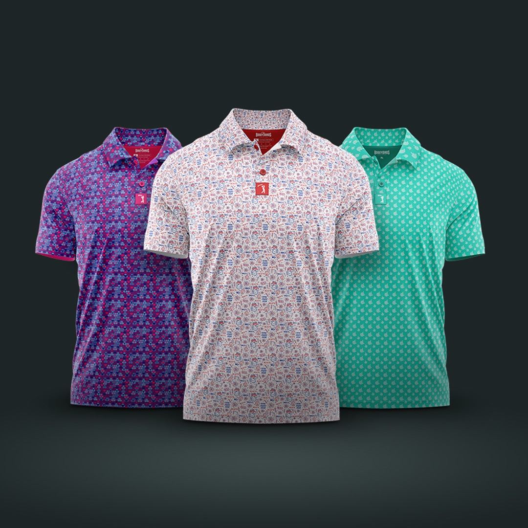 Three short-sleeve collared shirts with different colorful geometric patterns—purple, white, and green—are displayed side by side against a dark gradient background.