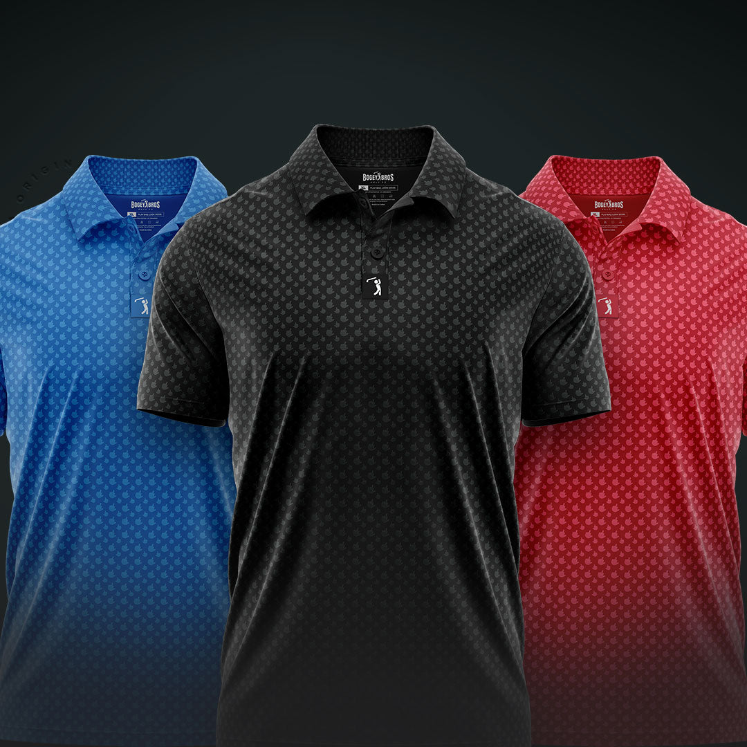 Three collared polo shirts are displayed side by side in blue, black, and red, each with a subtle geometric pattern and a small white embroidered logo on the chest against a dark gradient background.