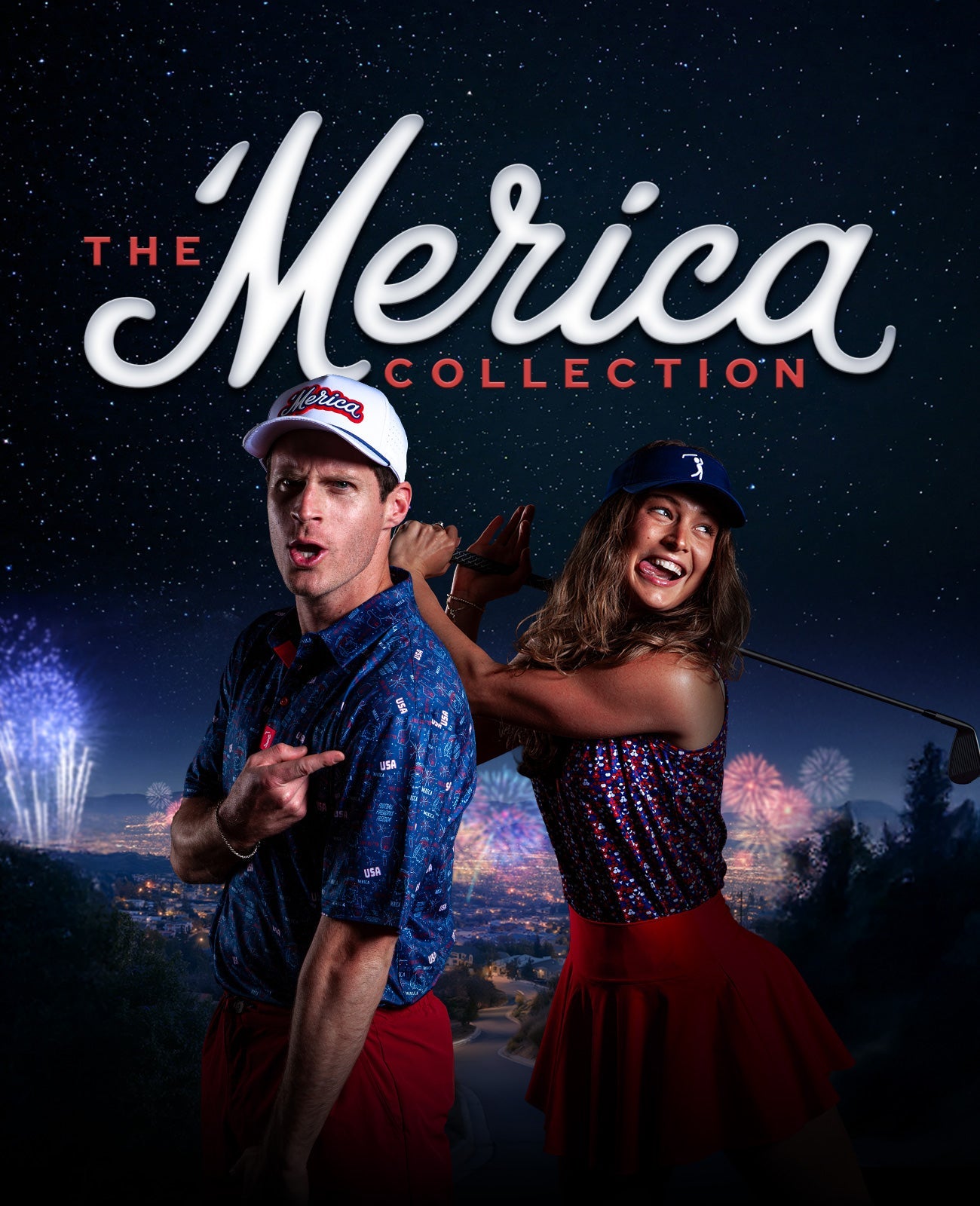 A man and woman in patriotic golf outfits pose with golf clubs at night. Fireworks burst in the sky behind them. Bold text reads “The Merica Collection.”.