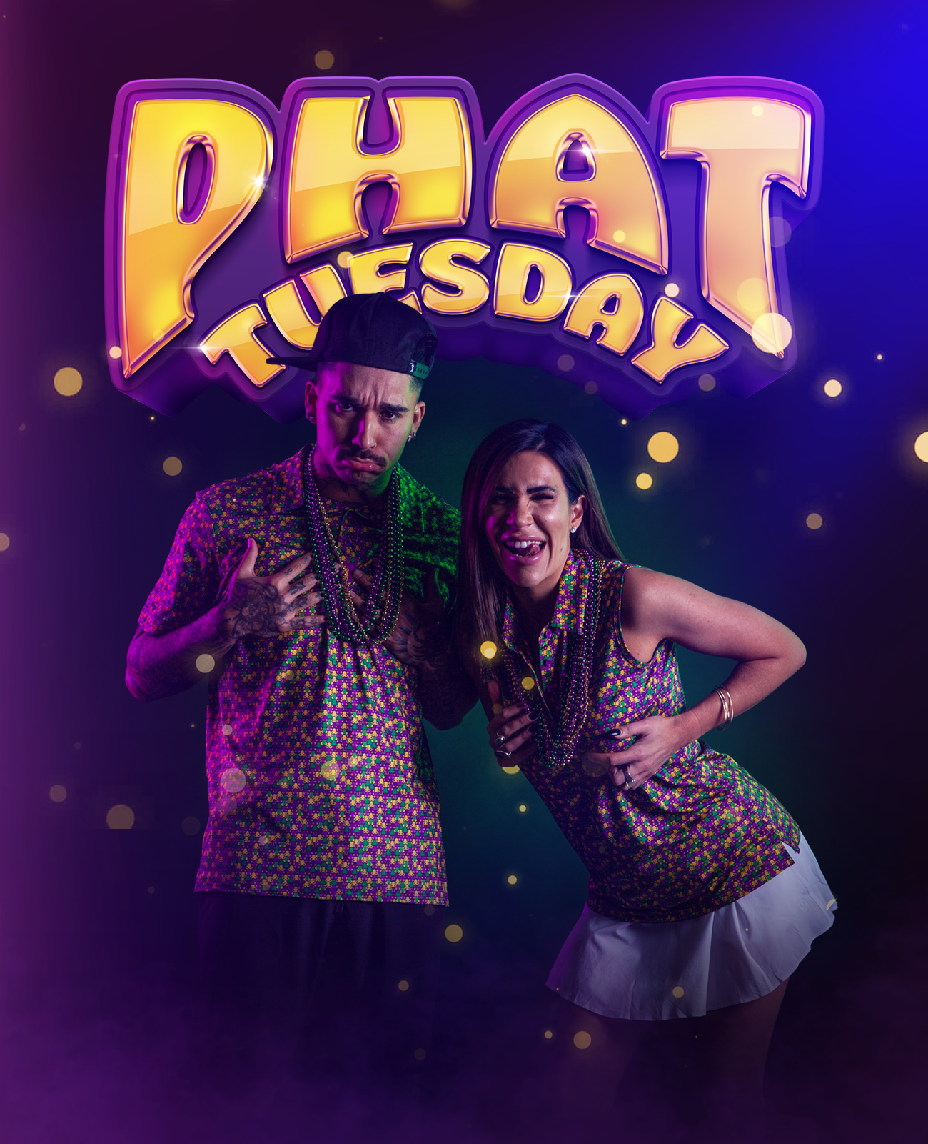 Two people wearing colorful, festive outfits and beads pose playfully under a large, glowing “PHAT TUESDAY” sign. Confetti and haze surround them, creating a lively party atmosphere.
