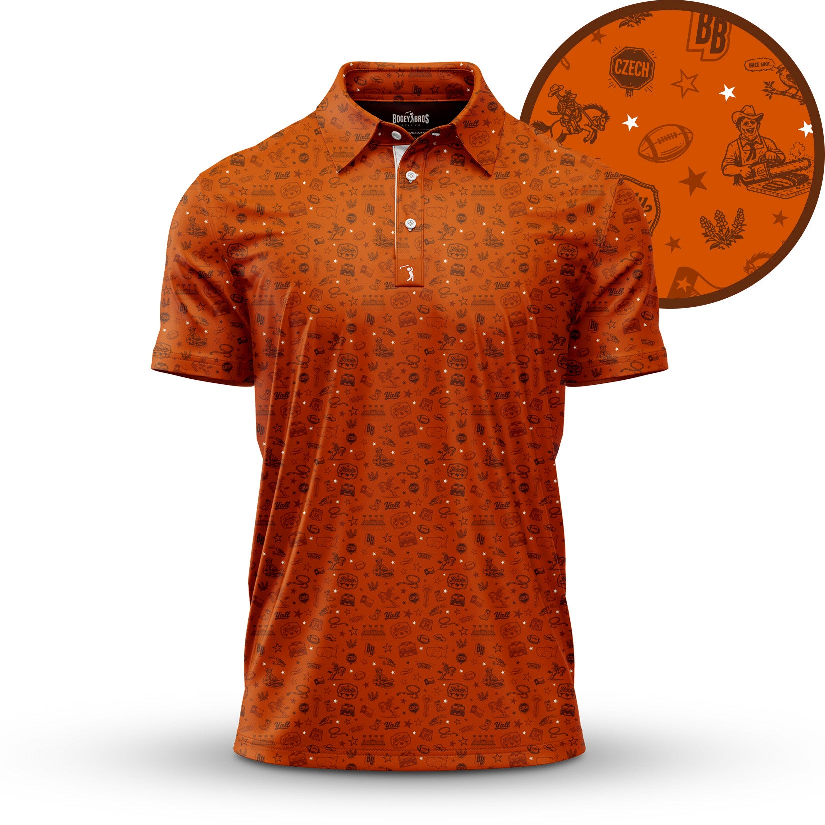Orange short-sleeve polo shirt with a small repeating pattern of icons, including rugby balls and other symbols. A close-up inset highlights the icons: a rugby player, football, text CZECH, beer mug, hop cone, and stars. White buttons.