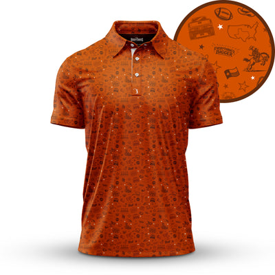 Orange short-sleeve polo shirt with a small repeating pattern of icons, including rugby balls and other symbols. A close-up inset highlights the icons: a rugby player, football, text CZECH, beer mug, hop cone, and stars. White buttons.