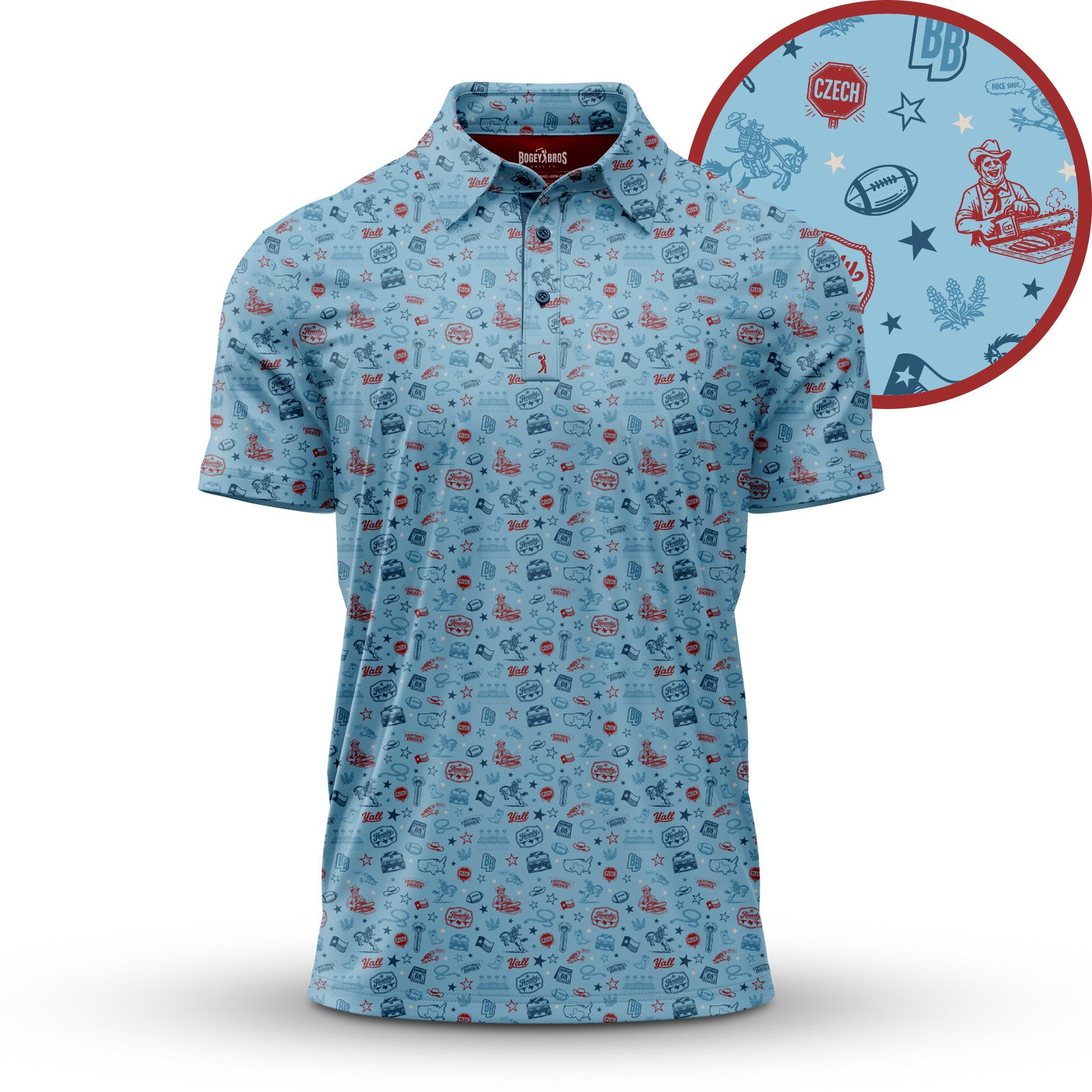 Light blue short-sleeve polo shirt with small red and blue icons, including footballs, stars, leaves, and cartoon figures. The zoom inset highlights the pattern details clearly on the shirt’s fabric.