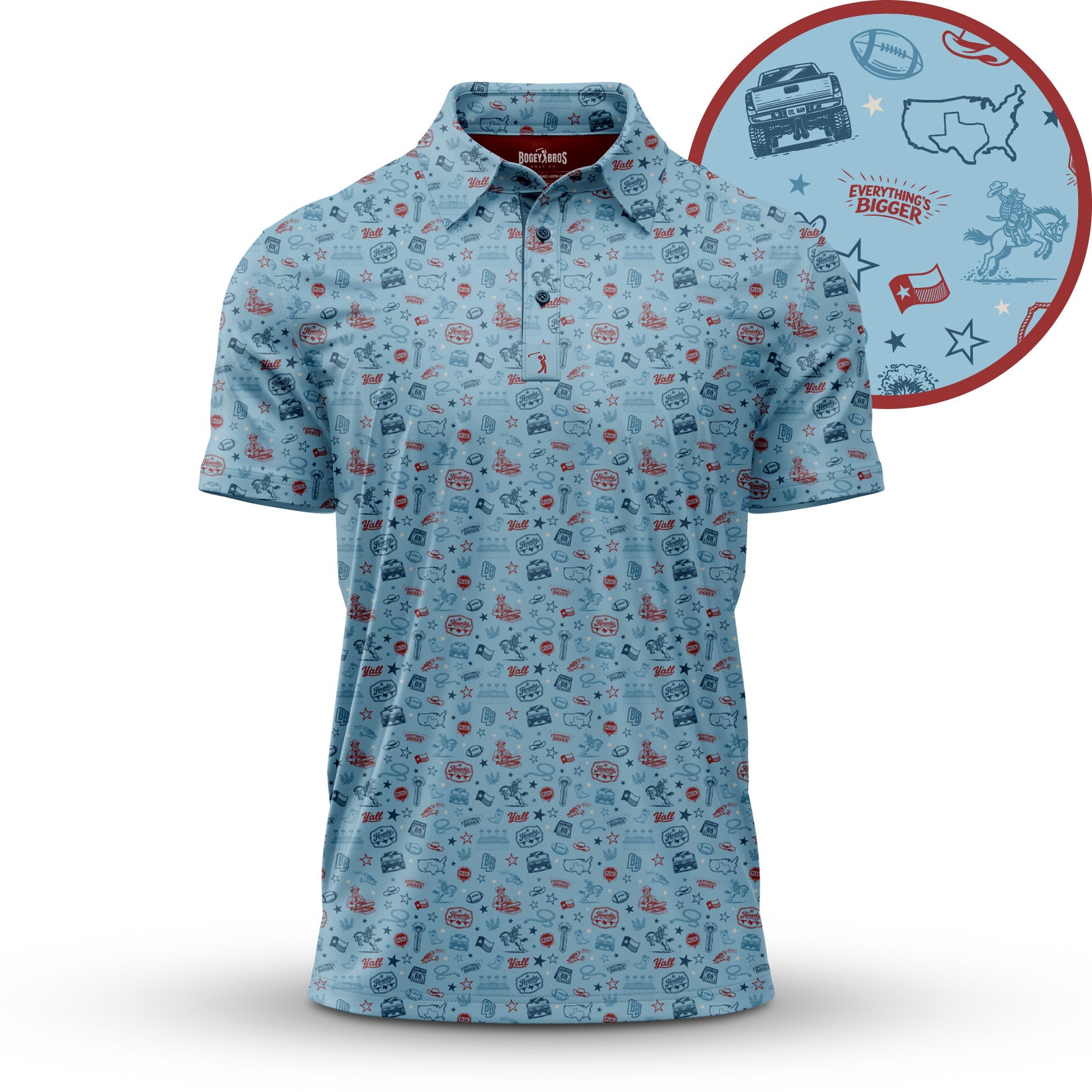 Light blue short-sleeve polo shirt with small red and blue icons, including footballs, stars, leaves, and cartoon figures. The zoom inset highlights the pattern details clearly on the shirt’s fabric.