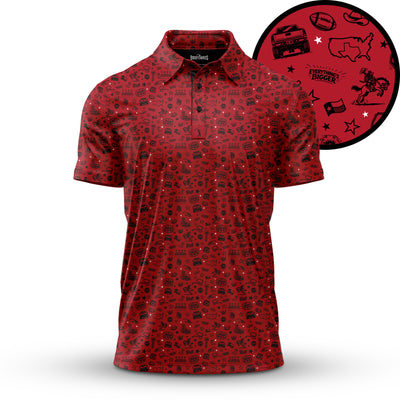 A red polo shirt features a pattern of small black icons. A zoomed-in inset shows images like a football, beer mug, pretzel, man holding a mug, “CZECH,” “LBB,” and laurels, all scattered across the shirt. The shirt has a collar and short sleeves.