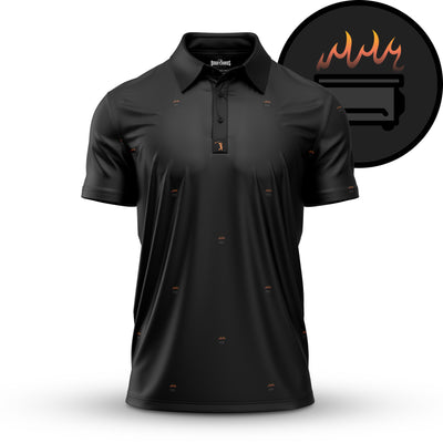 The Scorched - Polo is a black, athletic-fit shirt with moisture-wicking fabric, featuring a subtle pattern of fire and grill icons and a circular grill emblem with orange flames on the top right for a barbecue-inspired look.