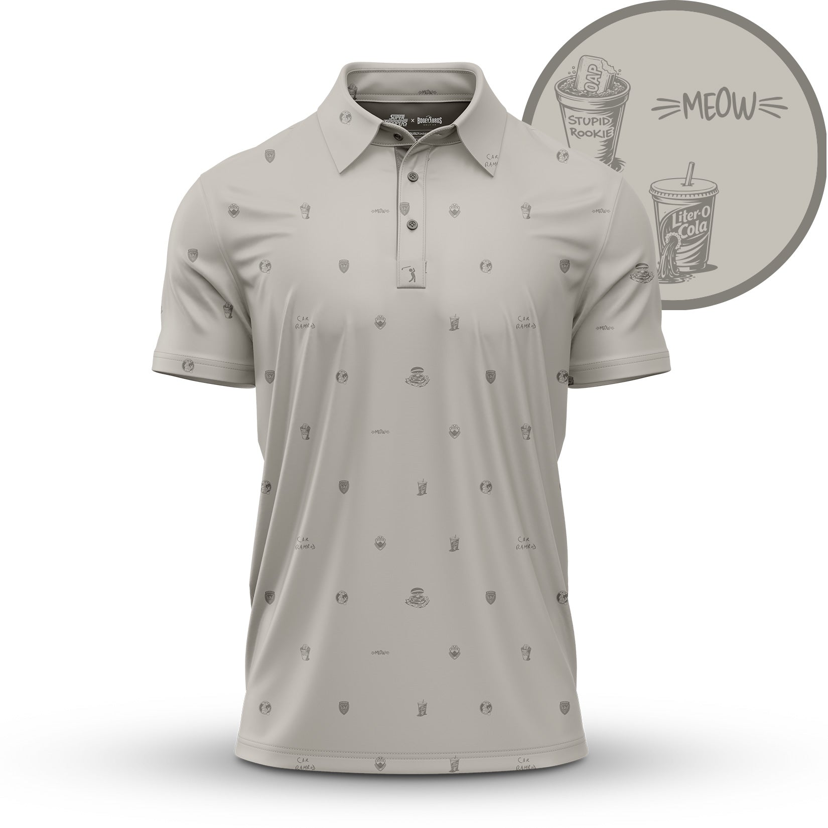 A light gray polo shirt with small, subtle icons printed all over it. Icons include a soda cup, burger, and cat. An inset shows a close-up of the icons and the word MEOW above a cartoon cat. The background is plain white.