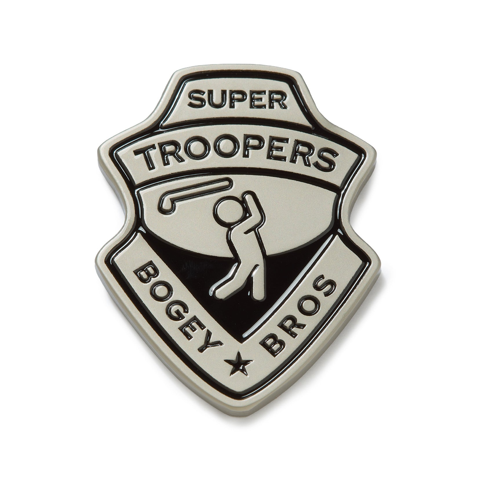 A metallic badge-shaped pin with iron nickel plating features the words SUPER TROOPERS at the top, a golfer swinging a club in the center, and BOGEY BROS at the bottom with a star between the words. The design is raised, uses black and silver coloring, and can be paired with a magnetic clip or heavy metal ball marker for added convenience on the course.