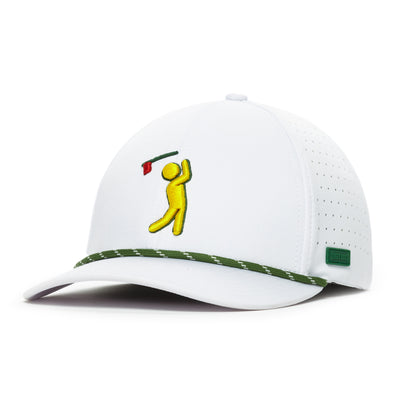 The Major Bogeyman - Performance Golf Hat - Stretch Fit is a white cap with a green and white rope above the brim, made from performance material. It features an embroidered yellow golfer, red flag, side vents, and a green tag on the brim.