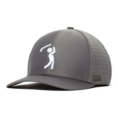 The Bogeyman Charcoal Performance Golf Hat is a stretch-fit gray cap with a curved brim, side ventilation holes, and performance fabric. It features a white embroidered golfer on the front and a rectangular logo patch above the brim.
