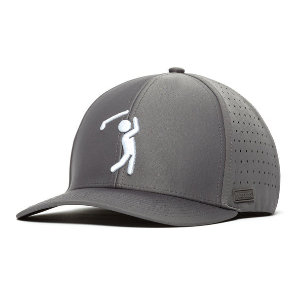 The Bogeyman Charcoal Performance Golf Hat is a stretch-fit gray cap with a curved brim, side ventilation holes, and performance fabric. It features a white embroidered golfer on the front and a rectangular logo patch above the brim.