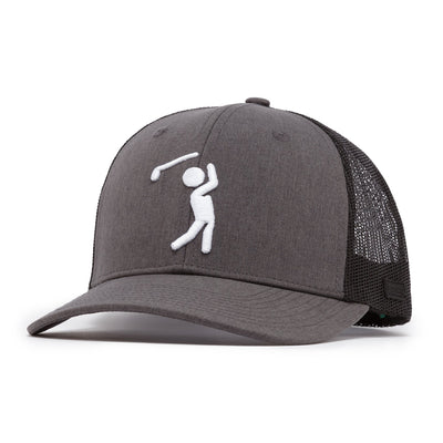 The Bogeyman Heather/Black Mesh Trucker Hat is a gray snapback with a black mesh back, white embroidered golf stick figure on the front, curved brim, performance material, and visible stitching.
