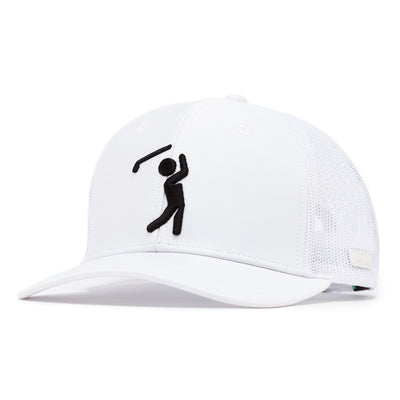 The Bogeyman White/White Mesh Trucker Hat - Snapback features a white mesh back, curved bill, and a black embroidered stick figure swinging a golf club on the front. Made from performance material for breathability and all-day comfort.