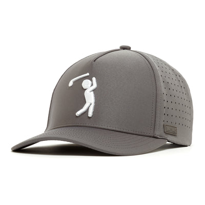 The Bogeyman Charcoal Performance Golf Hat is a gray snapback with a curved brim, crafted from performance material. It features a white embroidered golfer silhouette, side perforations for ventilation, and a rectangular metal logo tag.