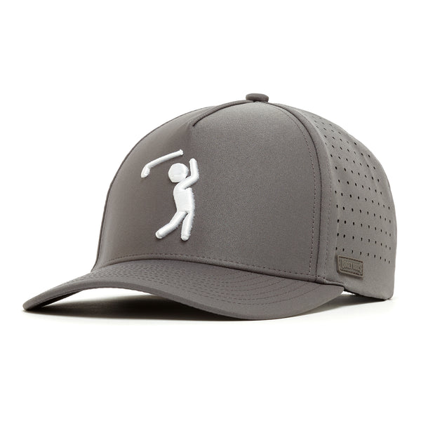 The Bogeyman Charcoal Performance Golf Hat is a gray snapback with a curved brim, crafted from performance material. It features a white embroidered golfer silhouette, side perforations for ventilation, and a rectangular metal logo tag.
