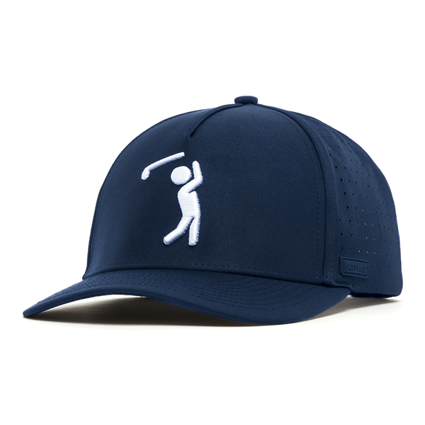 The Bogeyman Navy Performance Golf Hat is a navy snapback with a curved brim, featuring an embroidered white stick figure golfer. Made from sweat stain resistant material with side ventilation holes and a tonal logo tag.