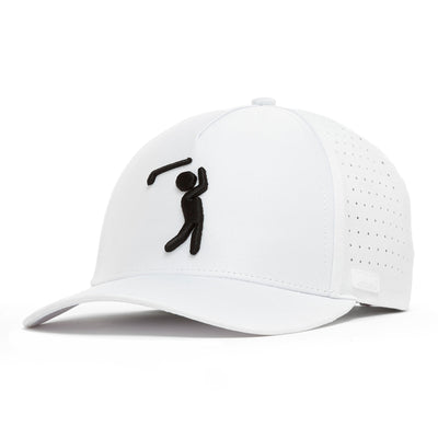 The Bogeyman White Performance Golf Hat is a snapback cap made with performance material, side ventilation holes, and a black embroidered golfer silhouette on the front. It features a curved brim and classic button top for style.