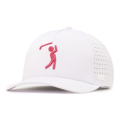 The Bogeyman - White/Pink Performance Golf Hat is a white snapback featuring a pink stick figure swinging a golf club embroidered on the front, with ventilation holes and a small white label near the brim for style and function.