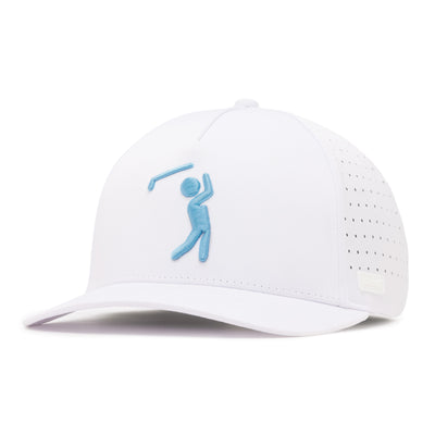 The Bogeyman - White/Light Blue Performance Golf Hat is a snapback featuring a slightly curved brim, sweat stain resistant material, ventilation holes, a light blue embroidered golf stick figure, and a white rectangular tag near the brim.