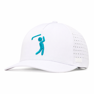 The Bogeyman White/Teal Performance Golf Hat is a snapback cap with a curved brim, perforated side panels, and features a blue embroidered golfer on the front plus a small rectangular tag near the brim.