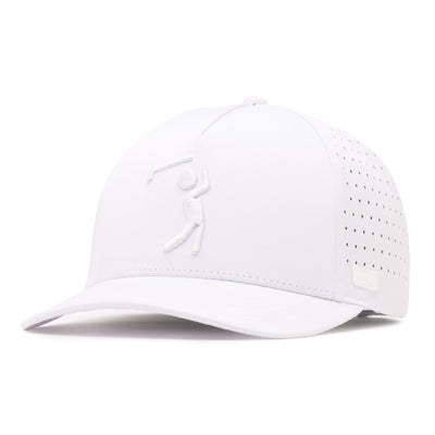 The Bogeyman White/White Performance Golf Hat is a snapback made from sweat stain-resistant material, featuring a subtle embroidered golfer on the front, perforated side panels for ventilation, and a metallic tag near the curved bill.
