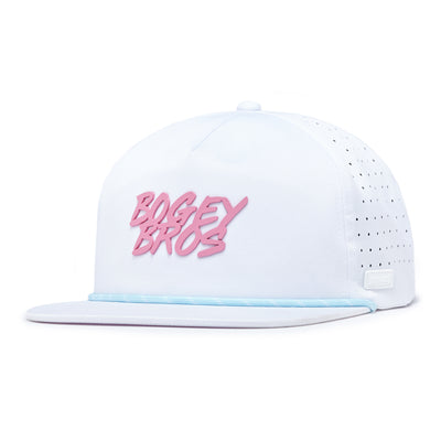 The Da 90’s Unstructured Flat Bill Hat - Snapback is a white performance hat with "BOGEY BROS" in bold pink letters, a light-blue brim trim, and ventilated perforated side panels.