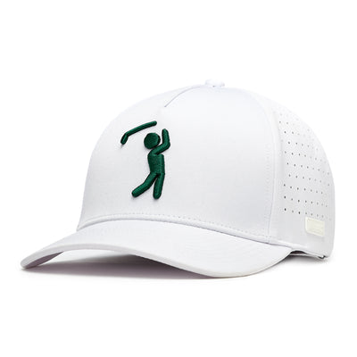 The Bogeyman Green Performance Golf Hat is a white snapback cap with a green embroidered golfer on the front, small ventilation holes, curved brim, and a label near the right edge.
