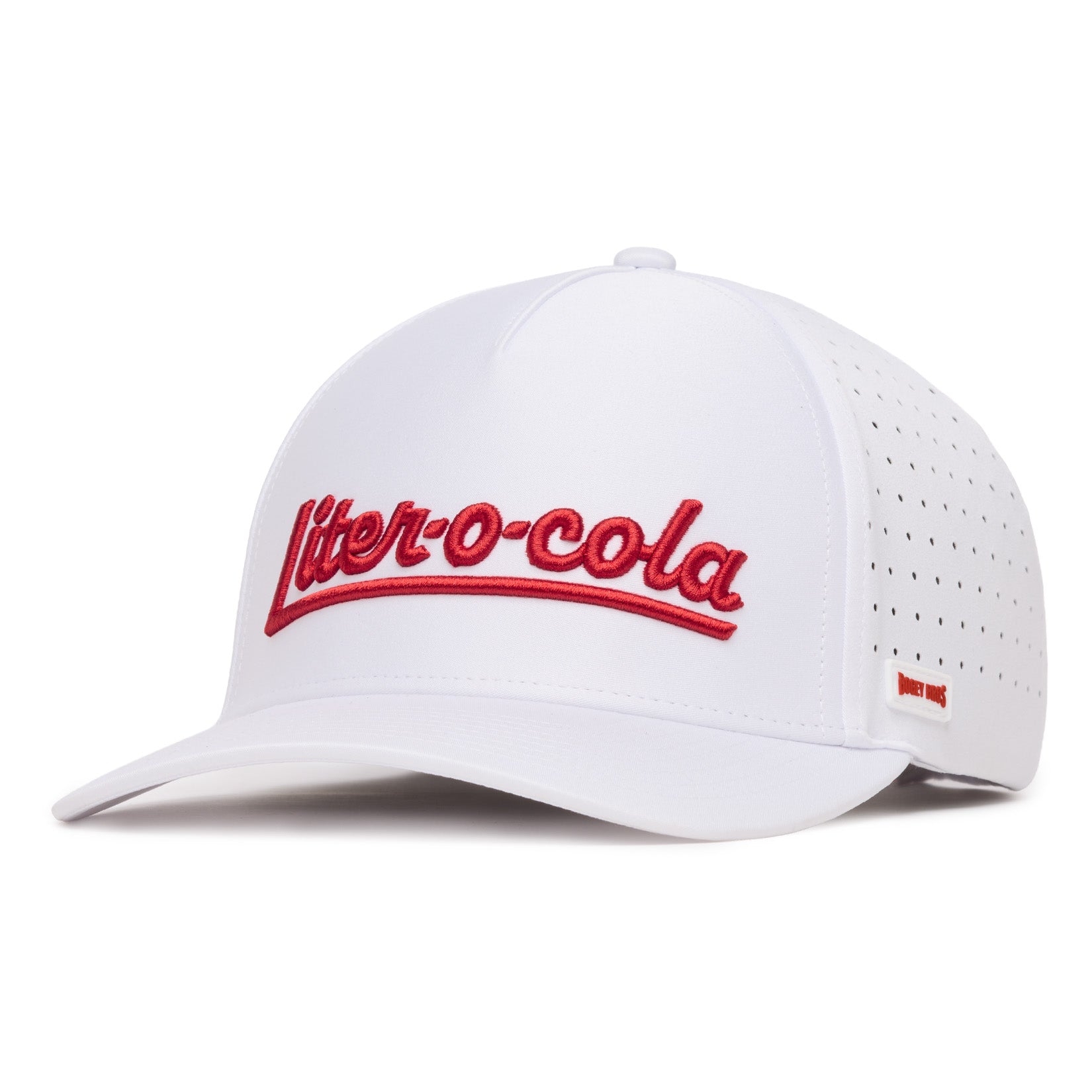 A white baseball cap features liter-o-cola in bold red script across the front. The cap has a curved brim, perforated side panels, and a small tag on the side. The style is sporty and modern.