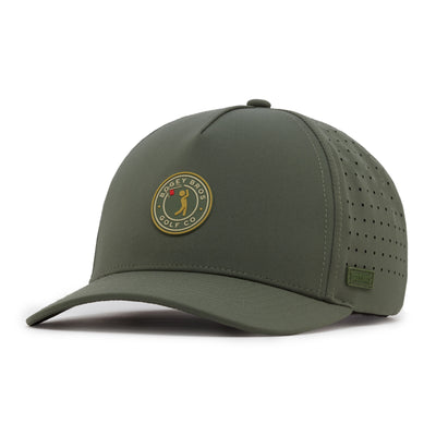 The Peasants Stamp Performance Golf Hat is a green snapback with a curved brim, perforated side panels, and performance fabric. It features a circular Bogey Bros Golf Co logo patch on the front and a small rectangular tag on the side of the brim.