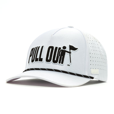 The PULL OUT - Performance Golf Rope Hat - Snapback is a white cap with "PULL OUT" and a stick figure pulling a golf flag in black embroidery, made from sweat stain resistant material, featuring perforated sides and a snapback closure.