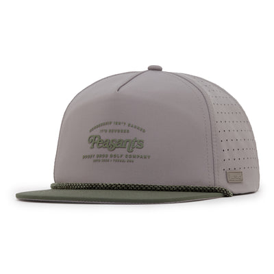 The Revoked - Unstructured Flat Bill Hat - Snapback features a light gray crown, flat olive green brim with green rope detail, perforated side panels, and "Peasants" embroidered in green. Above: “Membership isn’t earned, it’s required.”.