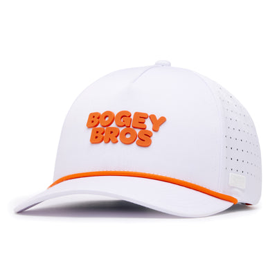 The Wingin' It - Performance Golf Rope Hat is a white snapback with orange 3D BOGEY BROS text, an orange-accented curved brim, small ventilation holes, and is made from sweat stain resistant material. Shown on a plain white background.