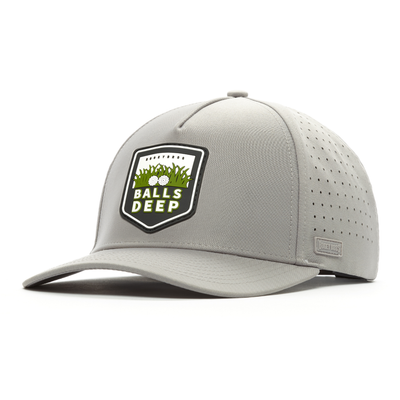 The Balls Deep - Performance Golf Hat - Snapback is a light gray cap with perforated sides, curved brim, sweat-resistant fabric, and a front badge showing grass, two golf balls, and bold “BALLS DEEP” text for all-day comfort.