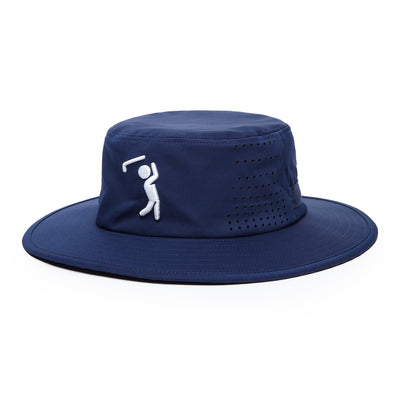 The Bogeyman Navy Bucket Hat is a navy blue, wide-brimmed hat with 360° coverage and ventilation holes. It features an embroidered white golfer on the front and is made from performance material for sun protection and comfort.