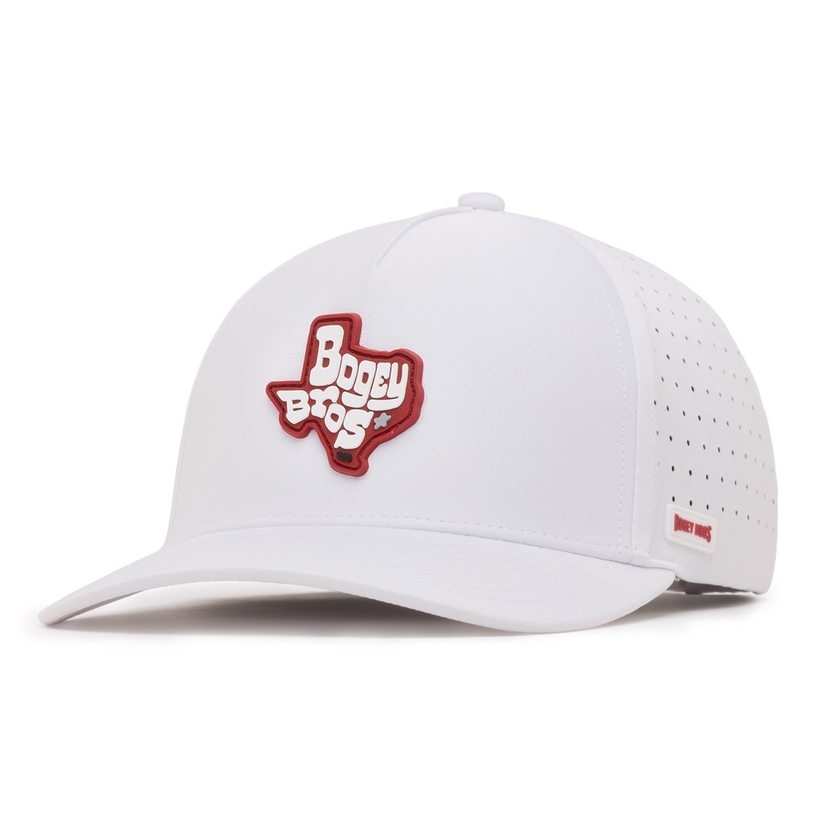 A white baseball cap with a red patch in the shape of Texas and the words Bogey Bros on the front. The side of the cap features small ventilation holes and a small red label. The cap is viewed from a front left angle.