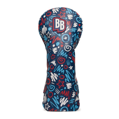 A golf club headcover with a colorful, graffiti-like pattern of red, white, and blue squiggles, stars, swirls, and symbols. The cover features a bold BB logo near the top, outlined in red and white against a dark blue background.