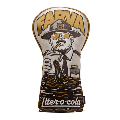 Introducing the Liter-O-Cola - Driver Headcover: a premium PU leather golf club cover featuring an embroidered illustration of a police officer in sunglasses sipping a drink. This headcover showcases vibrant brown, gold, white, and black tones, with soda pouring out below the character and bold text reading FARVA above and liter-o-cola below.