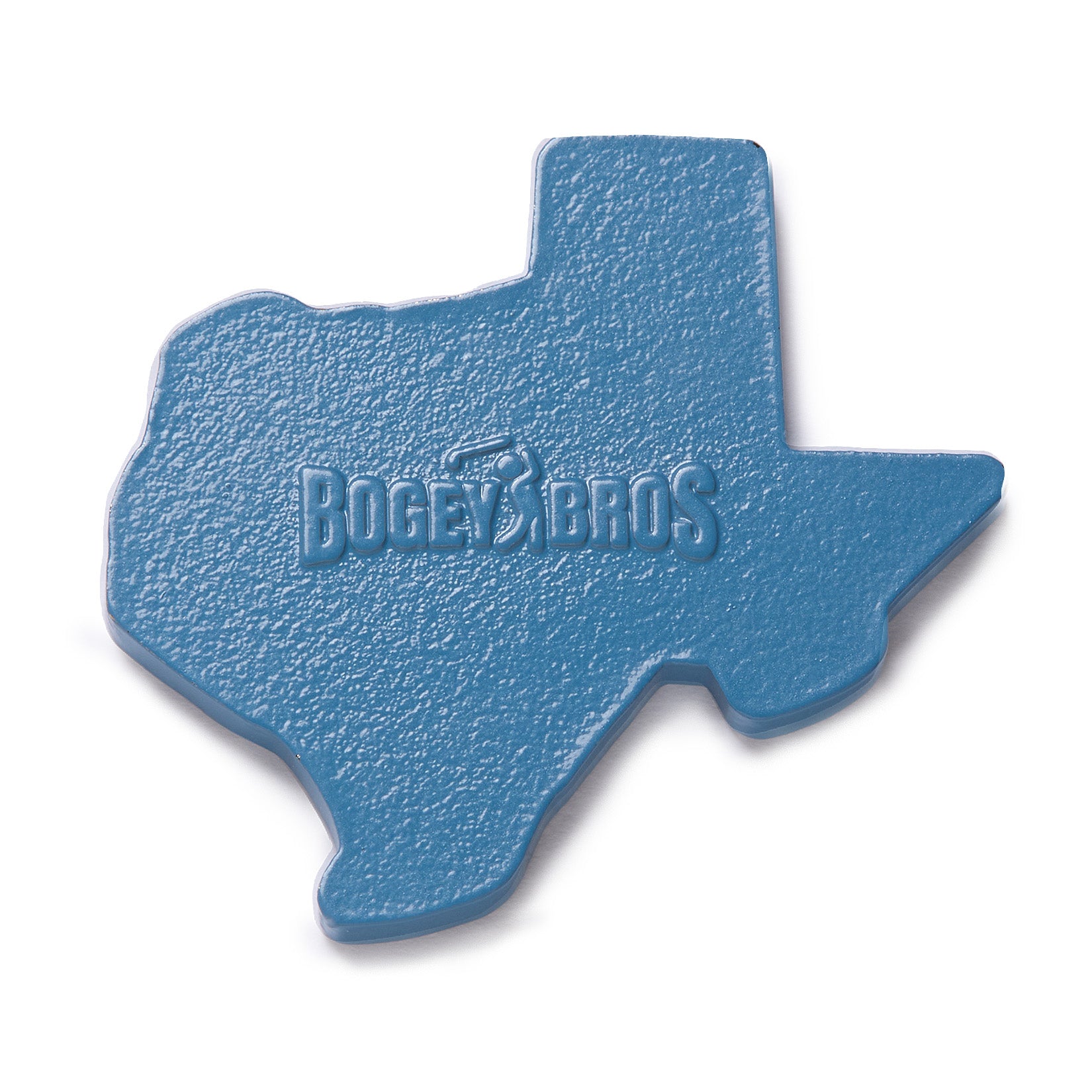 A blue object shaped like the state of Texas has a textured surface. The words “BOGEY BROS” and a small bird silhouette are embossed in the center.