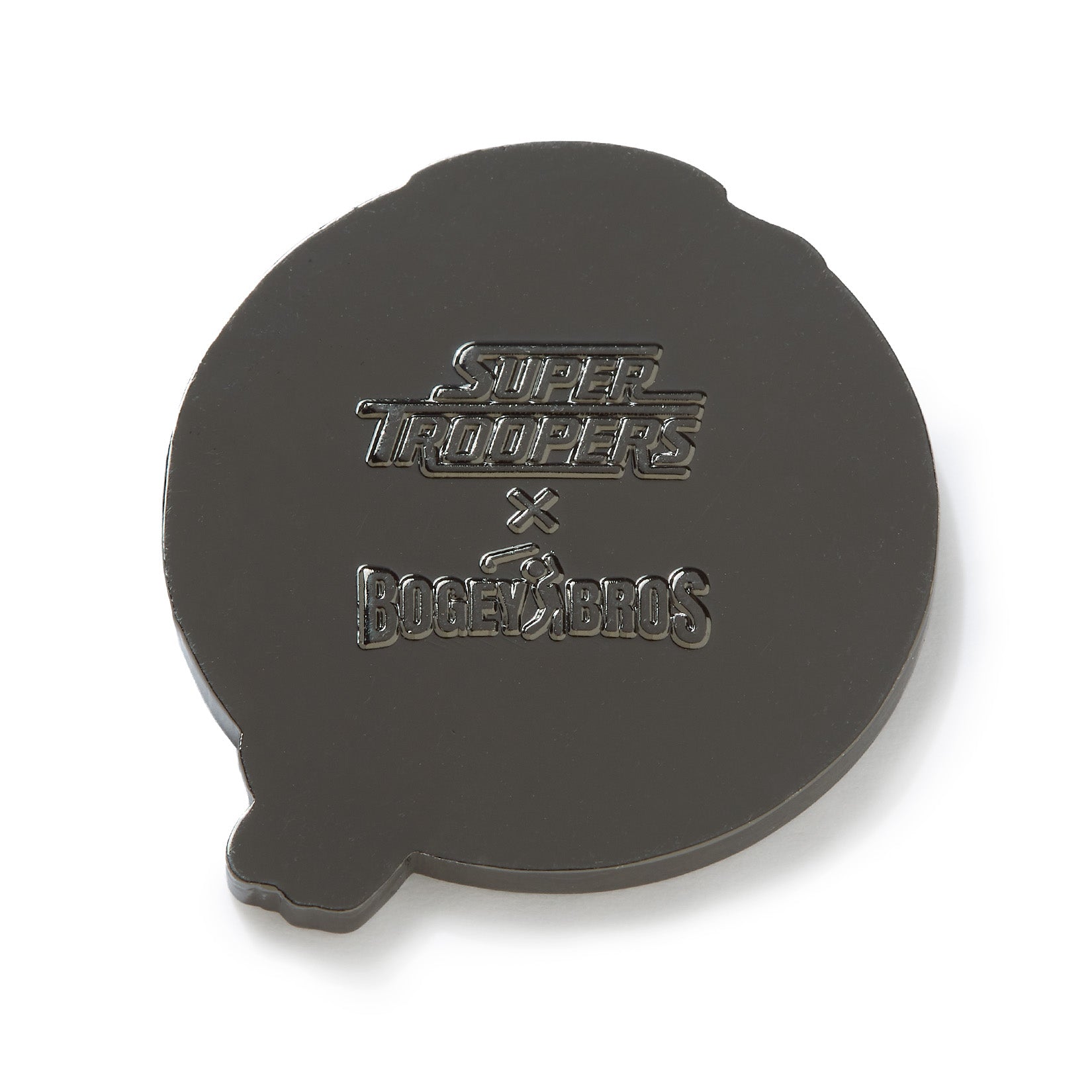 A black, round Johnny Chimpo - Ball Marker shaped like a whoopee cushion, embossed with the words SUPER TROOPERS x BOGEY BROS in all caps, is shown on a white background. This unique heavy metal ball marker features iron nickel plating for added durability and a slick finish.
