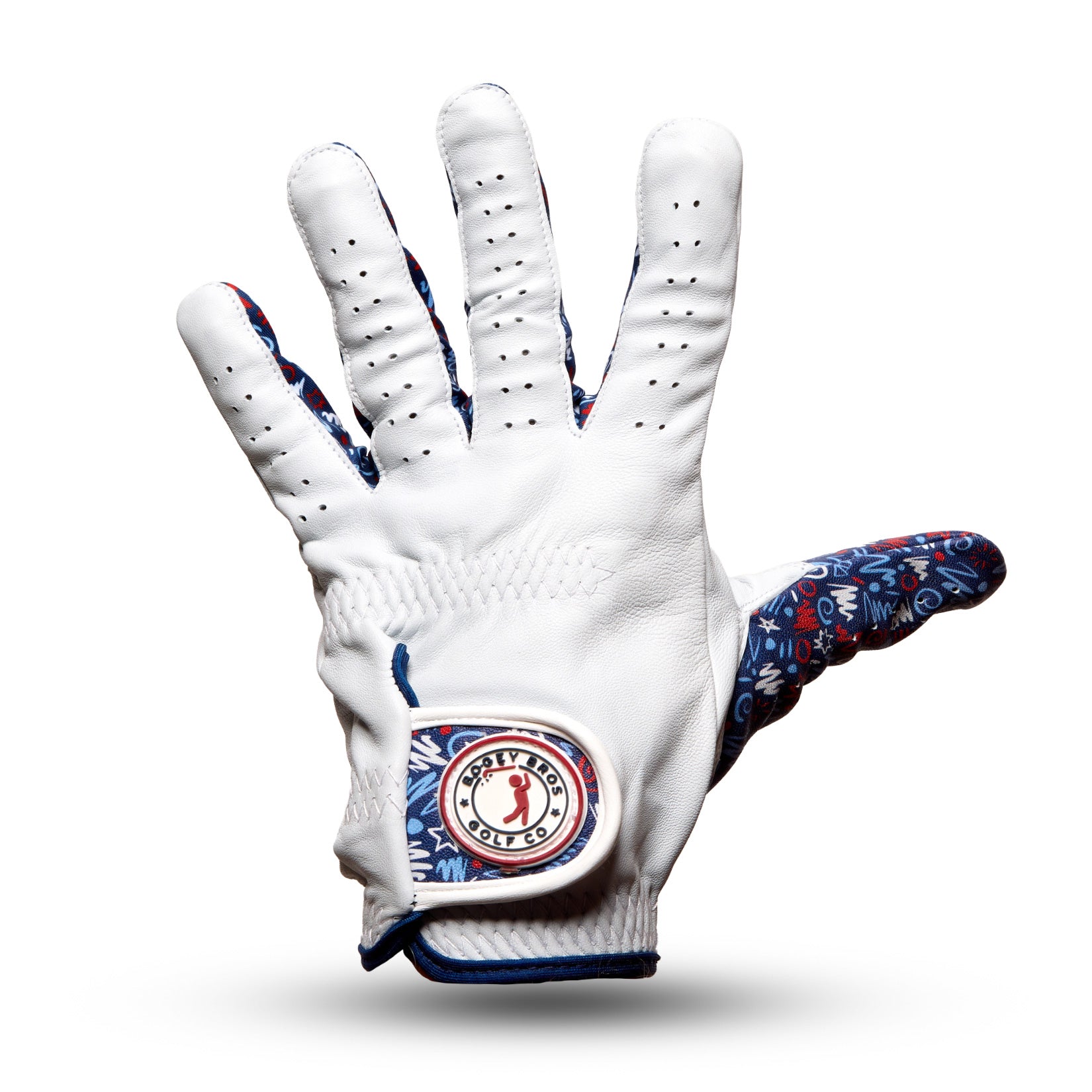 A white leather golf glove with blue and red patterned fabric visible along the edges and inner wrist. The glove features ventilation holes on the fingers and a circular logo patch near the wrist closure, reading GOLF YALL CO.