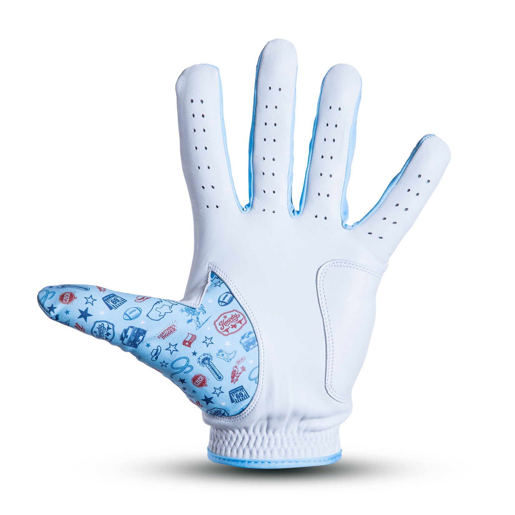 A white glove with ventilation holes on the fingers is shown palm-up. The thumb features light blue fabric decorated with red and blue playful icons, including stars, hats, and glasses. The glove is isolated on a white background with a faint shadow below.