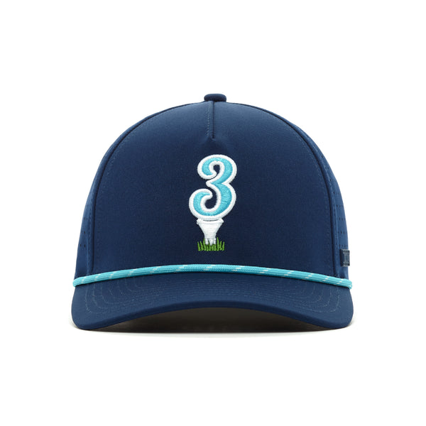 The 3 Off The Tee - Performance Golf Rope Hat - Snapback features a navy blue front view with a large white and teal "3" above a white golf tee on green grass, made from performance material and accented with a teal line on the brim.