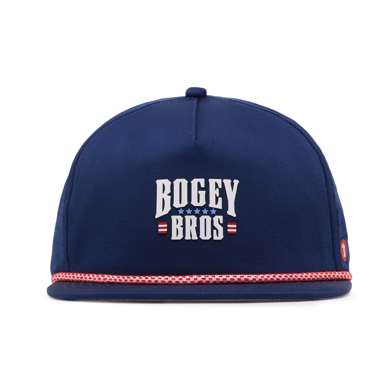 A navy blue baseball cap with BOGEY BROS written in bold white letters, flanked by three white stars and red stripes. The hat features a red and white braided band above the brim and a small circular logo on the right side.