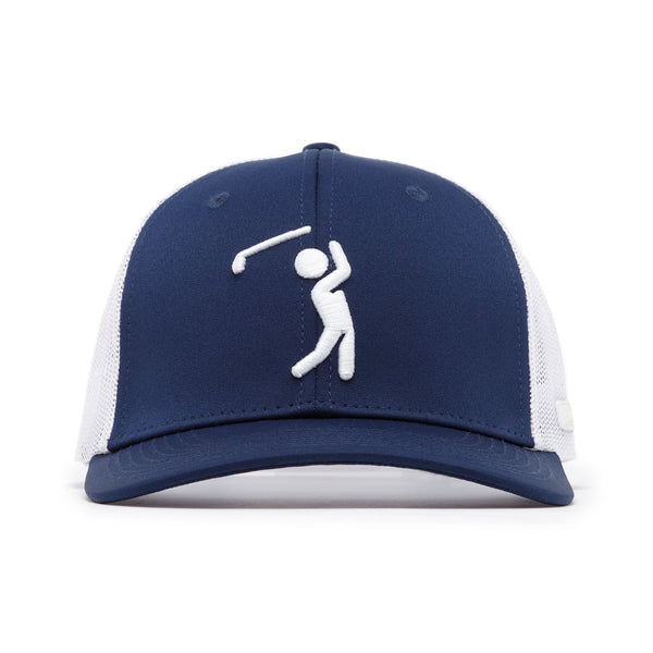 The Bogeyman Navy/White Mesh Trucker Hat is a snapback cap with a white embroidered stick figure swinging a golf club on the front, breathable mesh back and sides, and a curved brim for all-day comfort.