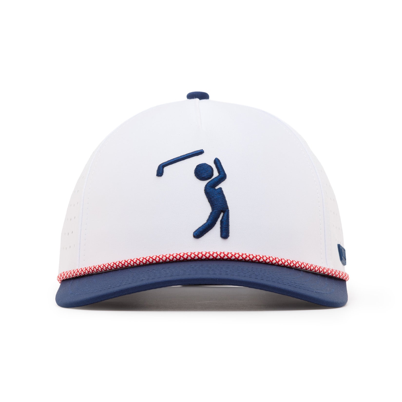 A white baseball cap with a blue brim and a thin red-and-white patterned trim. The front features a blue embroidered stick figure swinging a golf club. The cap also has small ventilation holes on the sides.