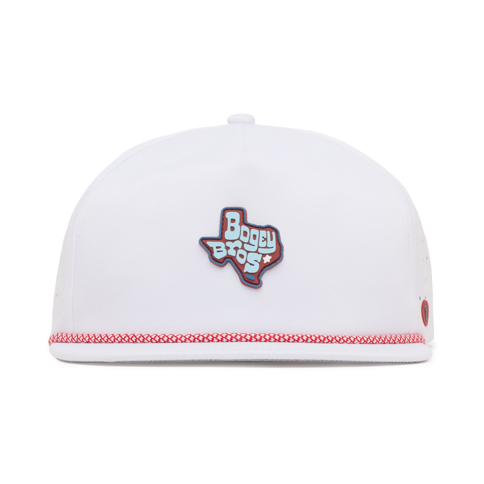 A white hat with red trim features a Texas-shaped patch in the center that reads “Bogey Bros” in stylized letters. The patch is blue with white and red accents. The hat is viewed from the front against a plain white background.