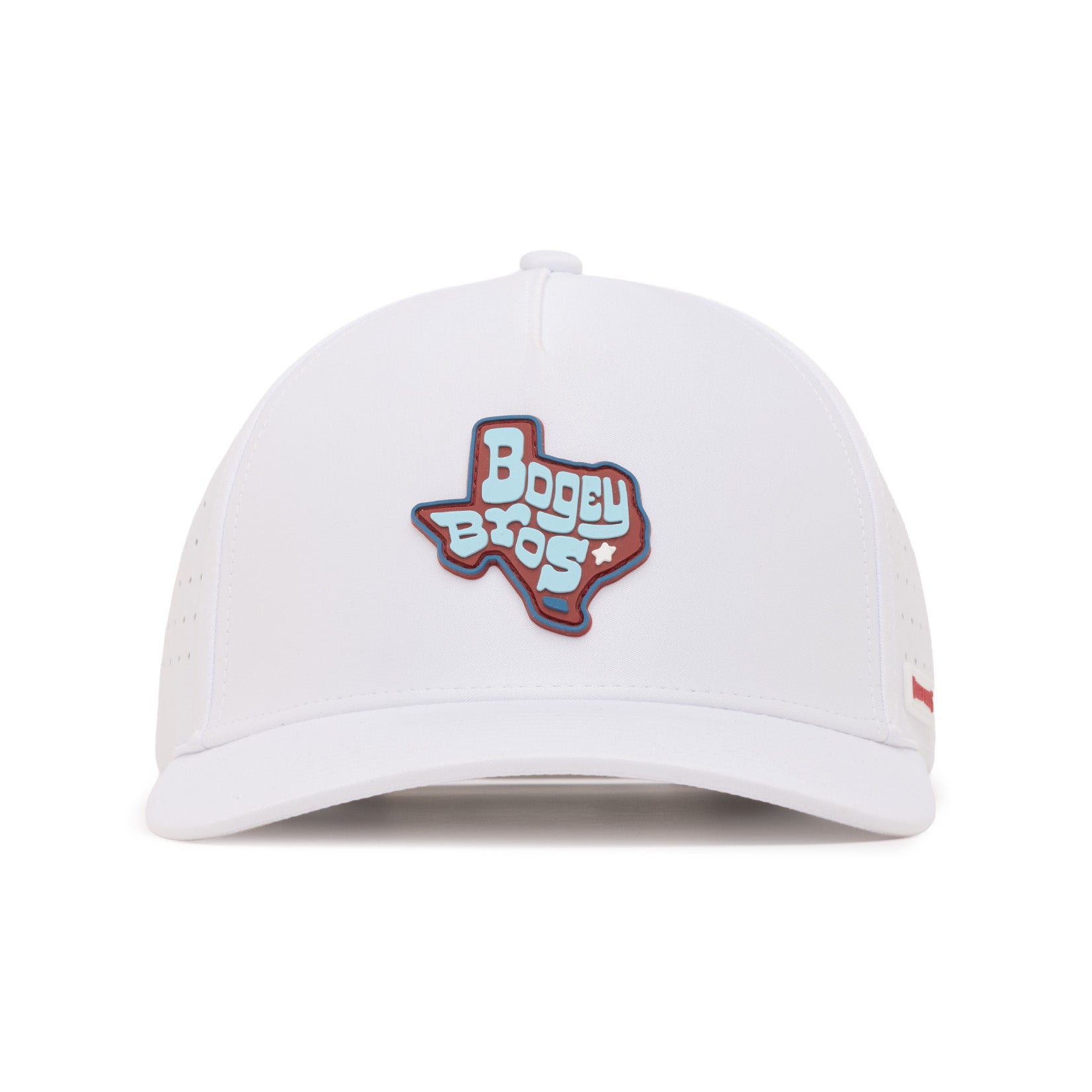 A white baseball cap with a patch of the Texas state outline on the front. Inside the outline, the words “Bogey Bros” are written in blue and white letters. The cap has small ventilation holes on the sides.